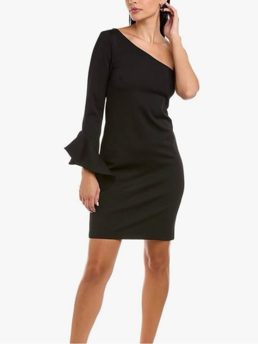NWT Trina Turk Kadinsky One Shoulder Long Bell Sleeve Sz 14 Black Mini Dress